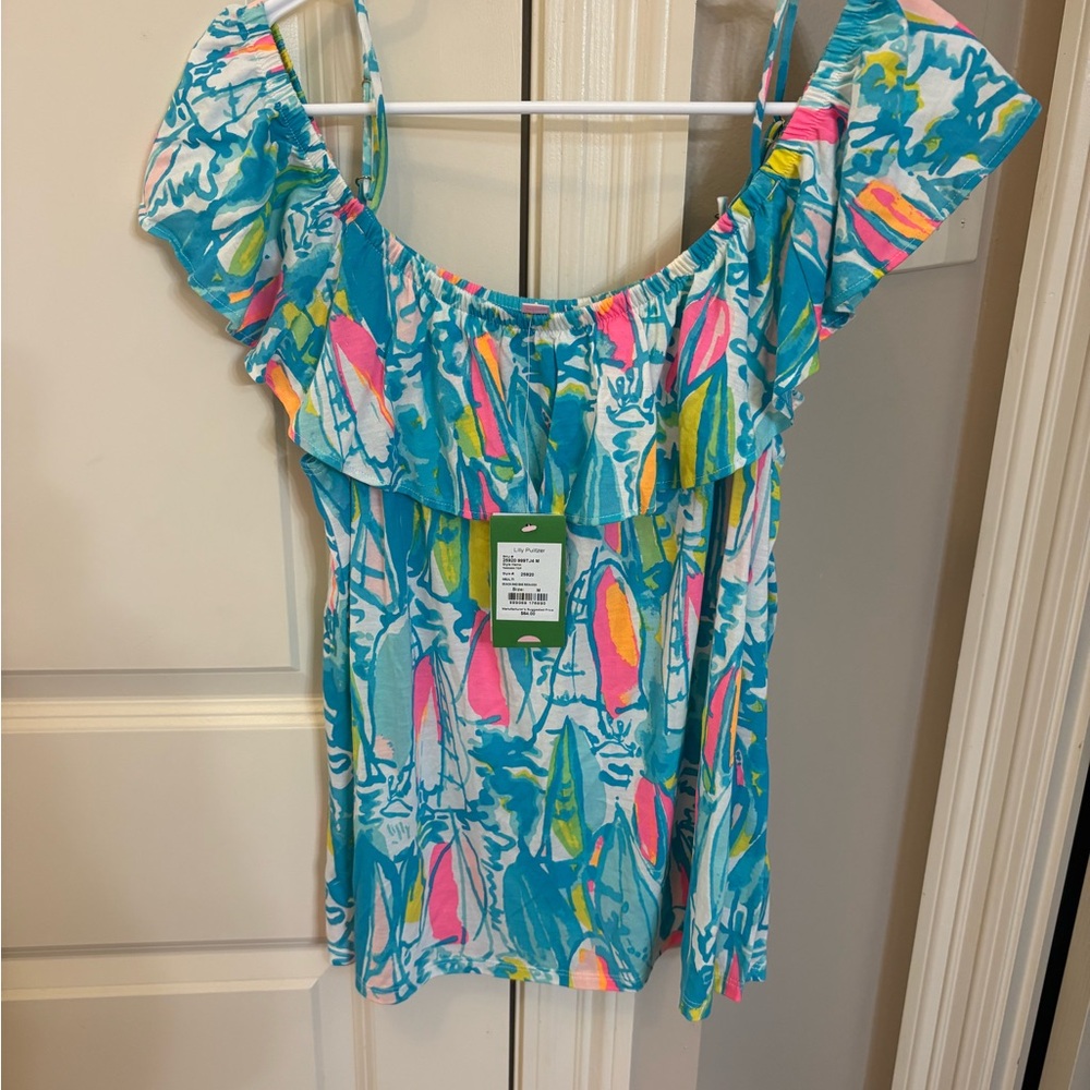 Lilly Pulitzer Off-Shoulder Ruffle Top - Turquoise, Pink, Yellow